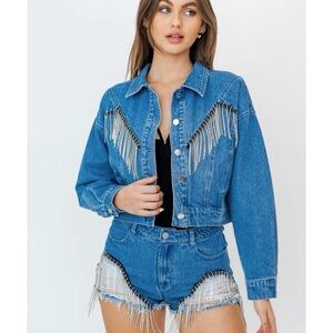 Blue Denim Shorts with Fringe